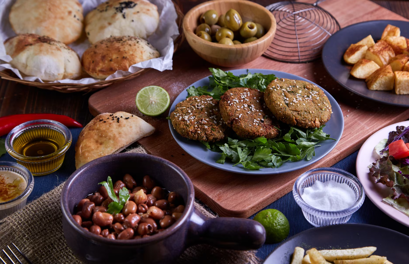 Colorful spread of Egyptian dishes